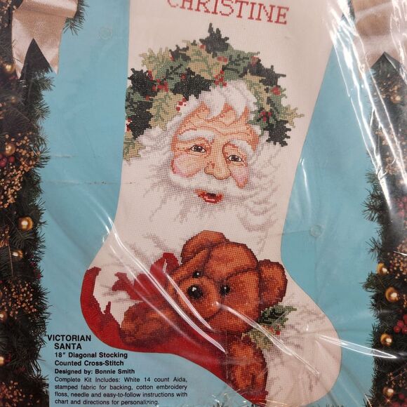 Bucilla Victorian Santa Teddy Bear Christmas Stocking Cross Stitch Kit 18" - Picture 2 of 4